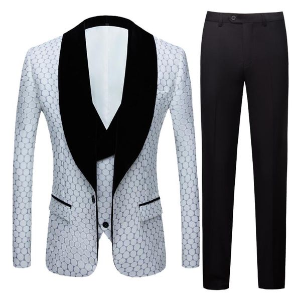 men's suits & blazers 3 pieces wedding suit black dots printed slim fit notch lapel tuxedos tailcoat men double breasted vest, White;black
men's suits & blazers 3 pieces wedding suit black dots printed slim fit notch lapel tuxedos tailcoat men double breasted vest, White;black