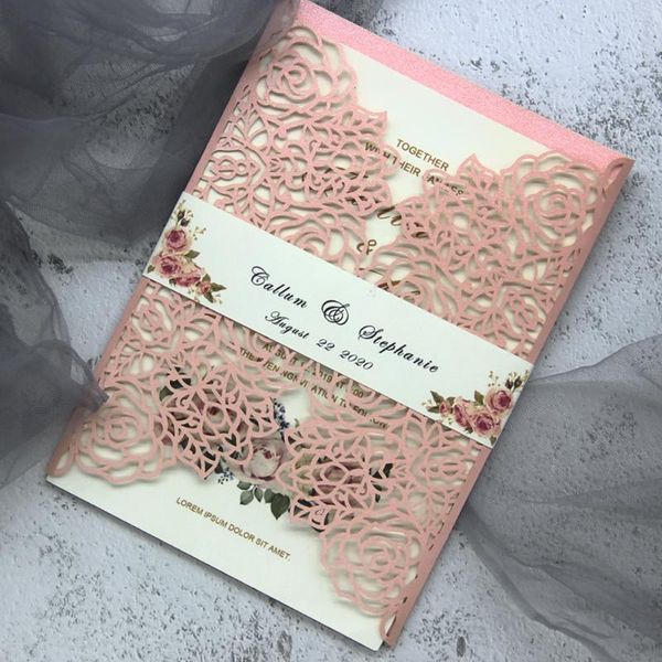 greeting cards print custom romantic laser cut rose flowers invitation card glitter paper wedding party supplies