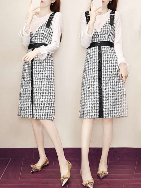 women's 2021 spring and autumn new plaid slim two piece dress fashion, Black;gray
women's 2021 spring and autumn new plaid slim two piece dress fashion, Black;gray
