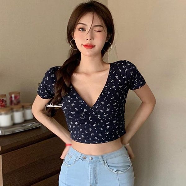 women's t-shirt korean girl women summer floral print v-neck fashion slim open navel short sleeve for female, White
women's t-shirt korean girl women summer floral print v-neck fashion slim open navel short sleeve for female, White