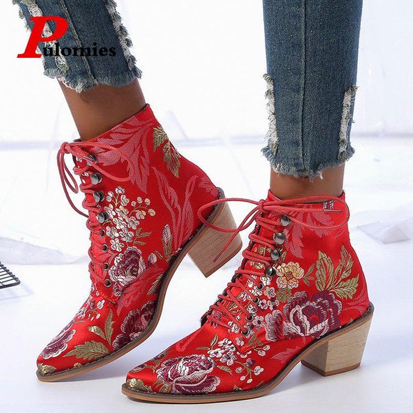 boots pulomies women ankle thick heels cross-tied flower pointed toe night club dress shoes, Black 
boots pulomies women ankle thick heels cross-tied flower pointed toe night club dress shoes, Black