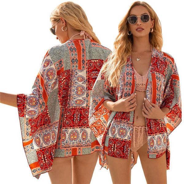women's swimwear print bikini cover ups beach short smock elbow sleeve capes for vacation travelling pography, White;black
women's swimwear print bikini cover ups beach short smock elbow sleeve capes for vacation travelling pography, White;black
