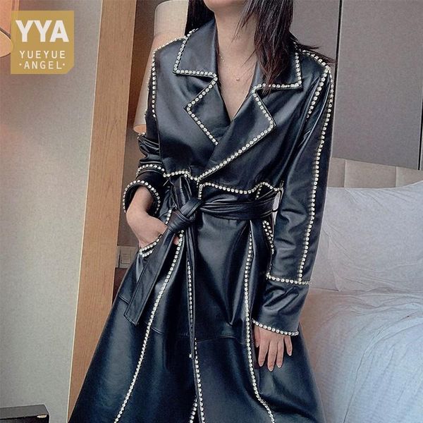 women's leather & faux diamond windbreakers overcoat women runway genuine long jacket high street female sashes sheepskin coats, Black
women's leather & faux diamond windbreakers overcoat women runway genuine long jacket high street female sashes sheepskin coats, Black