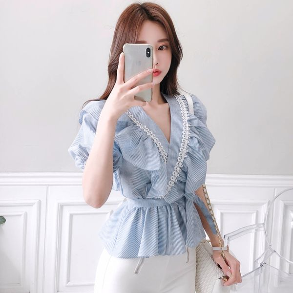 summer sleeve v-ruffled neckline contrast lace striped female shirt and ta3157 shirts xwxc, White 
summer sleeve v-ruffled neckline contrast lace striped female shirt and ta3157 shirts xwxc, White