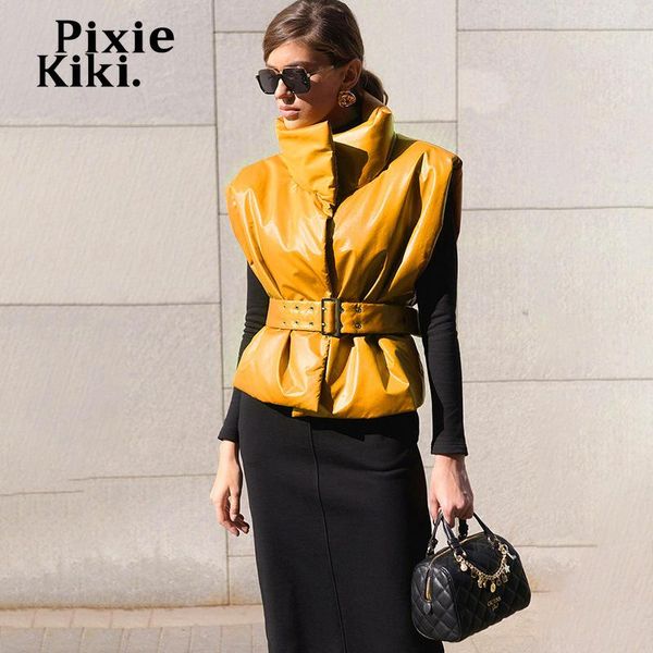 women's vests pixiekiki yellow pu leather vest short sleeveless puffer jacket with belt fashion coats and jackets women 2021 winter p76, Black;white
women's vests pixiekiki yellow pu leather vest short sleeveless puffer jacket with belt fashion coats and jackets women 2021 winter p76, Black;white