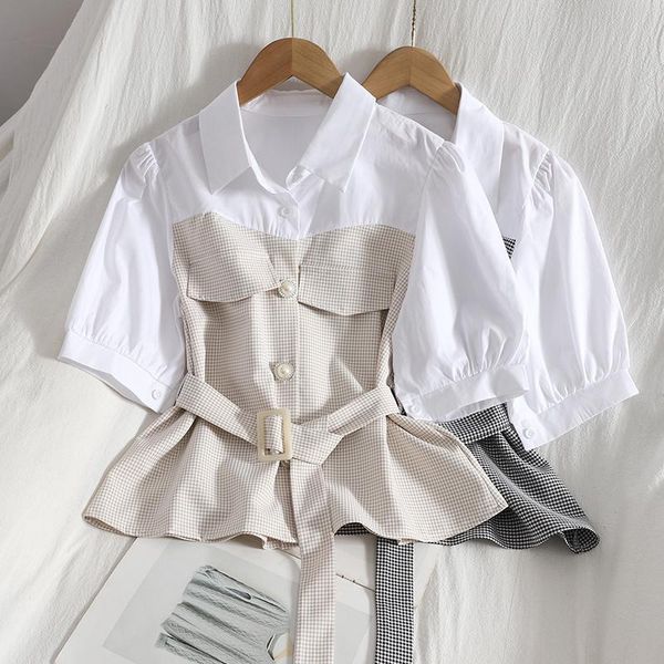 women's polos contrasting color stitching temperament waist plaid shirt summer buttoned korean style lapel short-sleeved, White
women's polos contrasting color stitching temperament waist plaid shirt summer buttoned korean style lapel short-sleeved, White