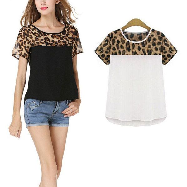 women's blouses & shirts women summer chiffon leopard print patchwork casual ladies wear short-sleeved round neck s-2xl, White
women's blouses & shirts women summer chiffon leopard print patchwork casual ladies wear short-sleeved round neck s-2xl, White