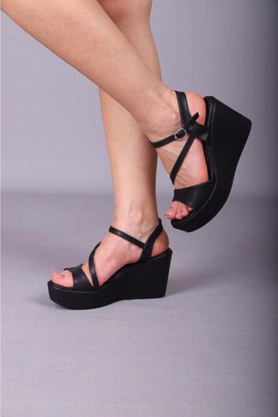sandals women's single band wrist gusset wedges, Black