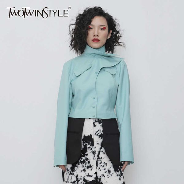 twotwinstyle asymmetrical pu leather women jacket turtleneck long sleeve slim irregular coat female fashion spring clothing 201013, Black;brown
twotwinstyle asymmetrical pu leather women jacket turtleneck long sleeve slim irregular coat female fashion spring clothing 201013, Black;brown