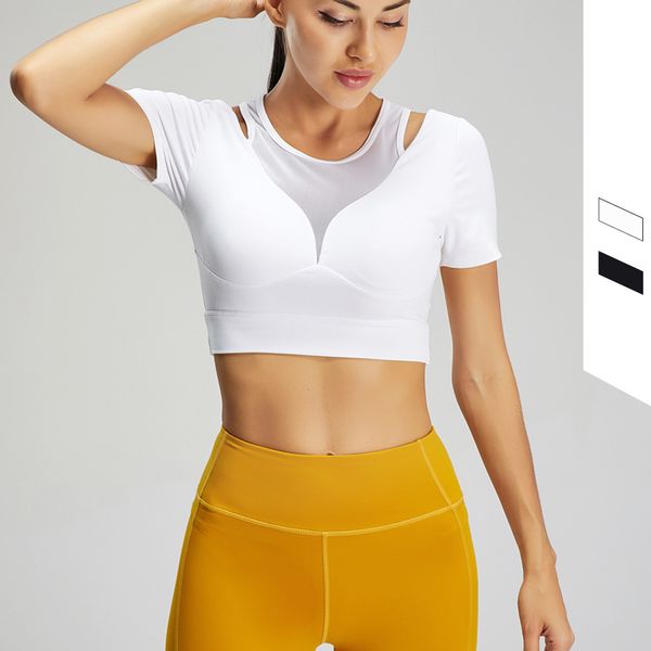women short sleeve yoga shirt mesh patchwork gym crop push up sports running t-shirt with chest pads fitness clothing, White;red
women short sleeve yoga shirt mesh patchwork gym crop push up sports running t-shirt with chest pads fitness clothing, White;red