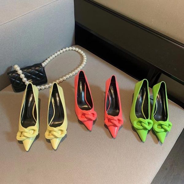 dress shoes pointed toe women pumps metal chain shallow slip on thin high heels red/green/yellow fashion office work size 35-39, Black
dress shoes pointed toe women pumps metal chain shallow slip on thin high heels red/green/yellow fashion office work size 35-39, Black