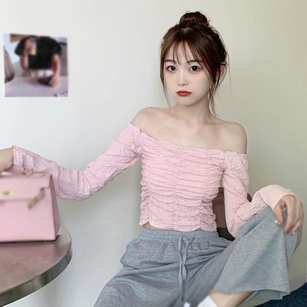 women's t-shirt autumn fashion women all-match solid color strapless collar pleated t shirts female long-sleeved casual top, White
women's t-shirt autumn fashion women all-match solid color strapless collar pleated t shirts female long-sleeved casual top, White