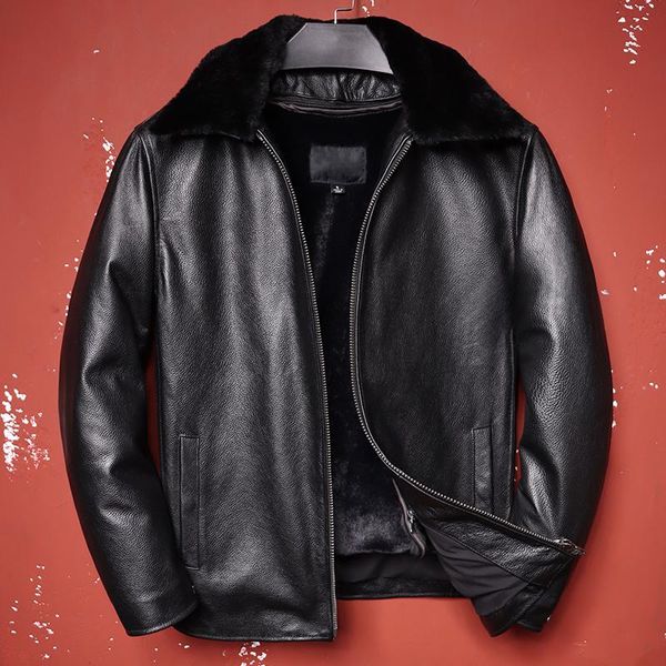men's leather & faux detachable wool collar with plush liner jacket genuine cowhide jackets warm loose coats, Black
men's leather & faux detachable wool collar with plush liner jacket genuine cowhide jackets warm loose coats, Black