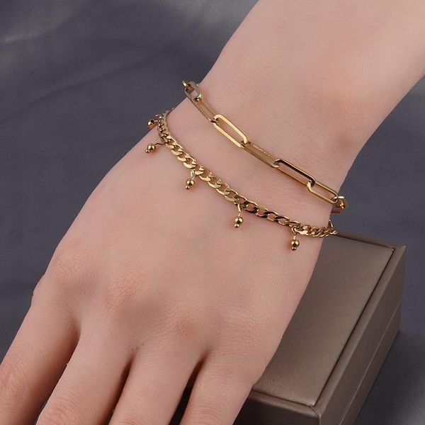 link, chain double layer bracelet stainless steel bracelets for women charm pendant beads jewelry, Black
link, chain double layer bracelet stainless steel bracelets for women charm pendant beads jewelry, Black
