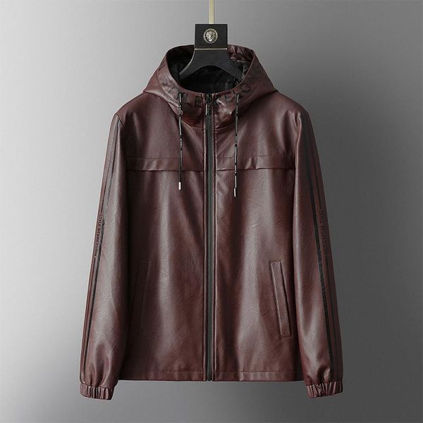 men's fur & faux autumn hooded leather jacket large size 4xl casual fashion slim motorcycle, Black