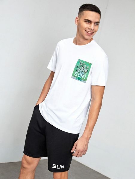 men floral & letter graphic tee & drawstring waist shorts h42c#, Gray
men floral & letter graphic tee & drawstring waist shorts h42c#, Gray