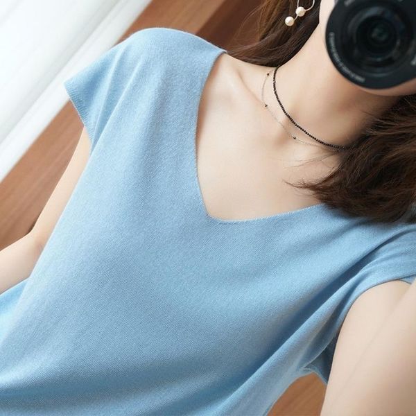 women's t-shirt thin knitted t shirt short sleeve ice silk women summer solid casual female tee v neck comfort vintage, White
women's t-shirt thin knitted t shirt short sleeve ice silk women summer solid casual female tee v neck comfort vintage, White