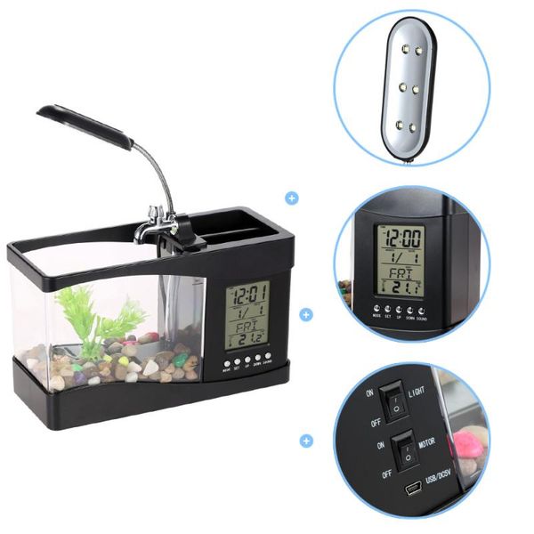 aquariums aquarium fish tank usb mini fishbowl with led light lcd display screen and clock accessories
aquariums aquarium fish tank usb mini fishbowl with led light lcd display screen and clock accessories