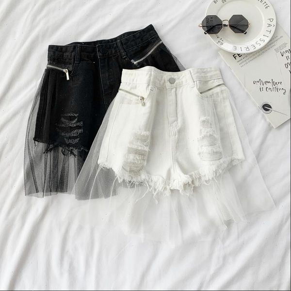 women denim shorts patchwork high waist slim summer hole jeans shorts feminino chic ladies bottom with mesh, White;black
women denim shorts patchwork high waist slim summer hole jeans shorts feminino chic ladies bottom with mesh, White;black