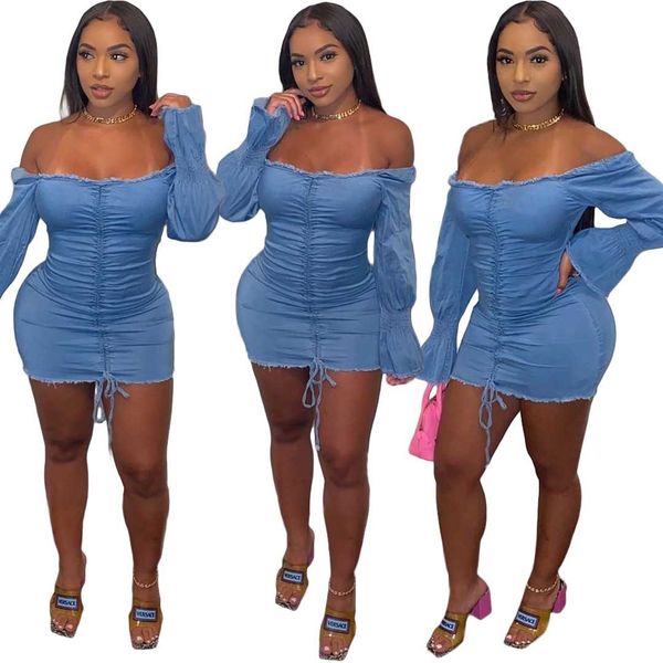 2021 blue denim slash neck flare sleeve pencil es for women autumn european and american new streetwear o3ps, Black;gray
2021 blue denim slash neck flare sleeve pencil es for women autumn european and american new streetwear o3ps, Black;gray