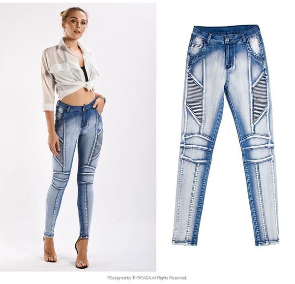women's jeans locomotive style stretch white light-colored pencil pants slim denim, Blue
women's jeans locomotive style stretch white light-colored pencil pants slim denim, Blue