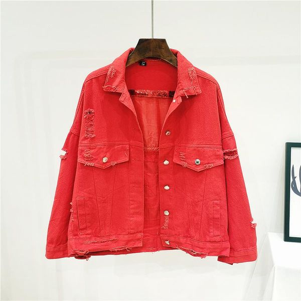 women's jackets sequined denim coat women fashion loose hole ripped red short jean jacket streetwear spring autumn single breasted oute, Black;brown 
women's jackets sequined denim coat women fashion loose hole ripped red short jean jacket streetwear spring autumn single breasted oute, Black;brown