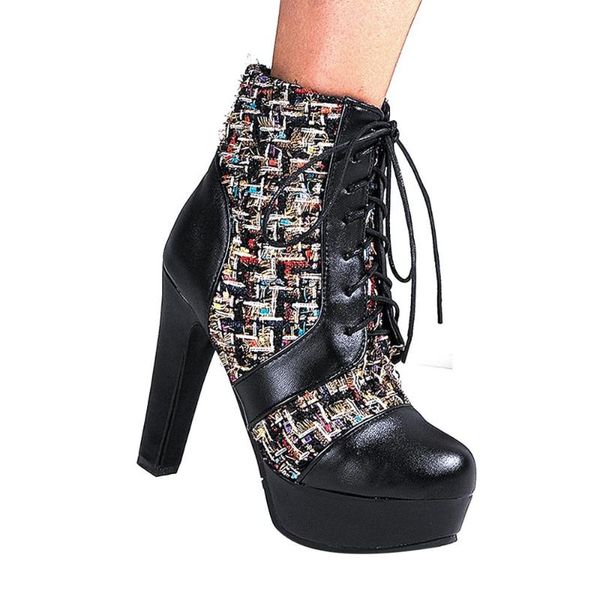 boots woolen cloth stitching pu high waterproof platform short ultra-high thick heel cross strap cotton lining ankle shoes, Black
boots woolen cloth stitching pu high waterproof platform short ultra-high thick heel cross strap cotton lining ankle shoes, Black
