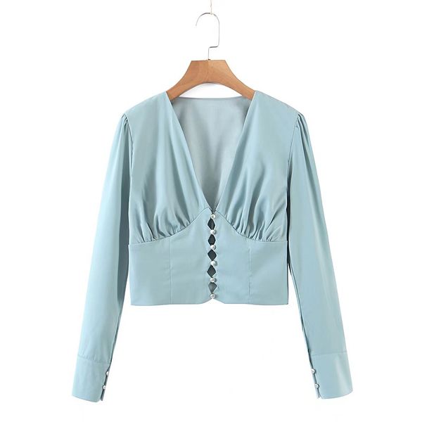 2021 retro french style pleated ruched shirt single-breasted hollow out buttons slim waist short women blouse puff sleeve, White
2021 retro french style pleated ruched shirt single-breasted hollow out buttons slim waist short women blouse puff sleeve, White