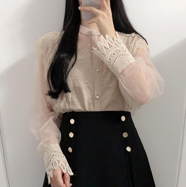 women's blouses & shirts 2021 spring women fashion blouse solid color transparent long-sleeved lace shirt sweet cute chemise blusa muj, White
women's blouses & shirts 2021 spring women fashion blouse solid color transparent long-sleeved lace shirt sweet cute chemise blusa muj, White