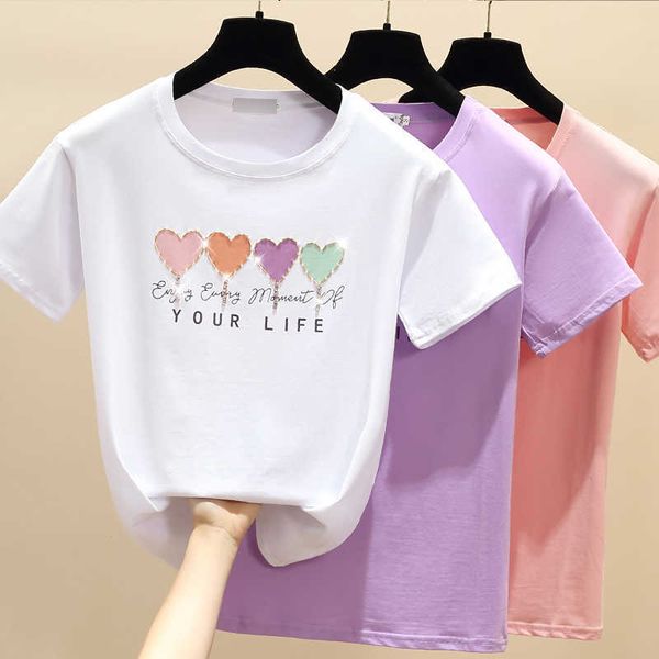 love beading pink cotton t shirt short sleeve women white summer tshirt korean style t-shirt big girls white tees 210604