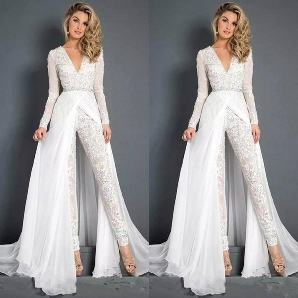 2021 bohemian lace chiffon wedding dresses jumpsuits bridal gowns with overskirt modest v neck long sleeve boho beach pant suits bride dress, White
2021 bohemian lace chiffon wedding dresses jumpsuits bridal gowns with overskirt modest v neck long sleeve boho beach pant suits bride dress, White