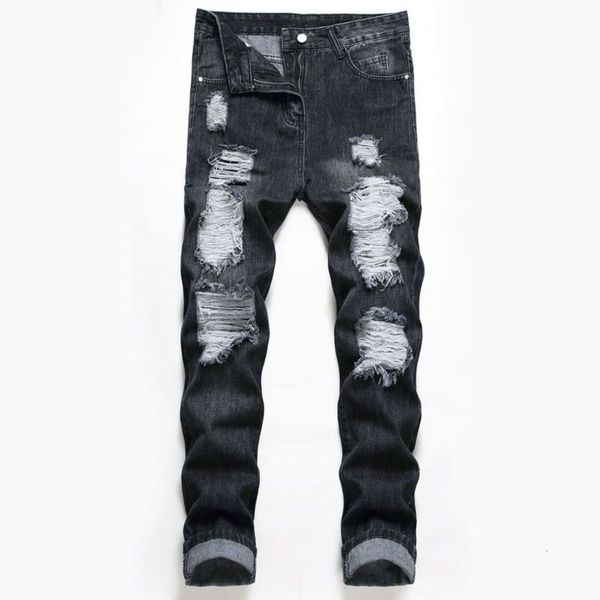 2021street black beggars men's straight jeans with holes, Blue 
2021street black beggars men's straight jeans with holes, Blue