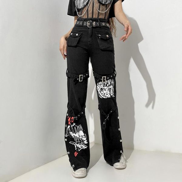 women's jeans streetwear punk style print low waist women gothic dark cargo pants buckle pockets denim trousers aesthetic, Blue
women's jeans streetwear punk style print low waist women gothic dark cargo pants buckle pockets denim trousers aesthetic, Blue