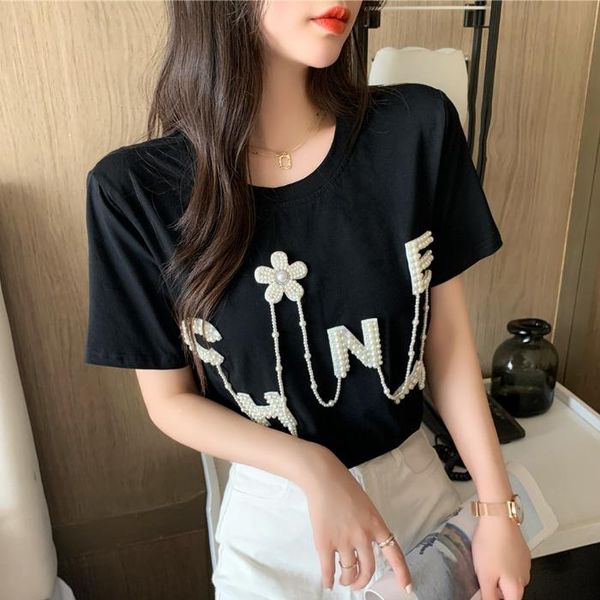 women's t-shirt 2021 summer retro design sense niche heavy industry beaded letters short-sleeved women 0407, White
women's t-shirt 2021 summer retro design sense niche heavy industry beaded letters short-sleeved women 0407, White