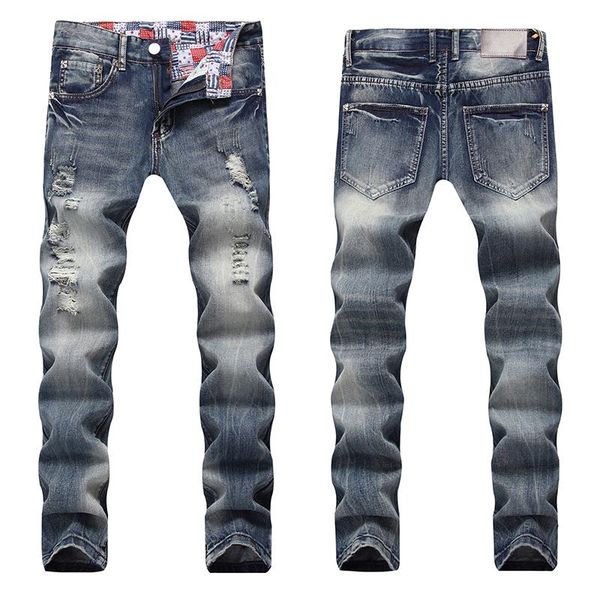 men's jeans designer destruction straight leg personality beard effect scratches ripped men, Blue
men's jeans designer destruction straight leg personality beard effect scratches ripped men, Blue