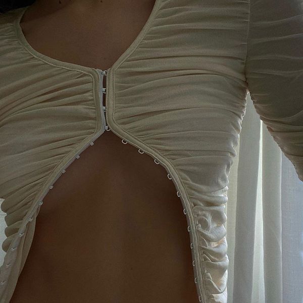 Chic Fashion Sexy Mesh Ruched T-Shirts Long Sleeve Elegant Breasted Blouse Women Tops Cropped Shirt Streetwear, Black
Chic Fashion Sexy Mesh Ruched T-Shirts Long Sleeve Elegant Breasted Blouse Women Tops Cropped Shirt Streetwear, Black