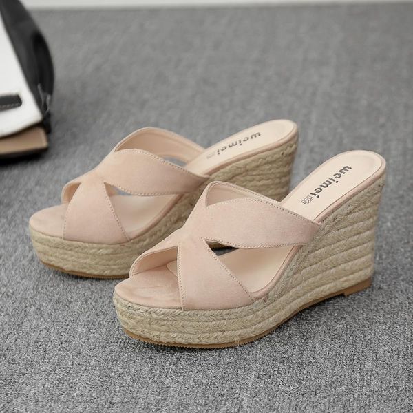 sandals wedges women straw heel fashion summer shoes platform high open toe heels, Black