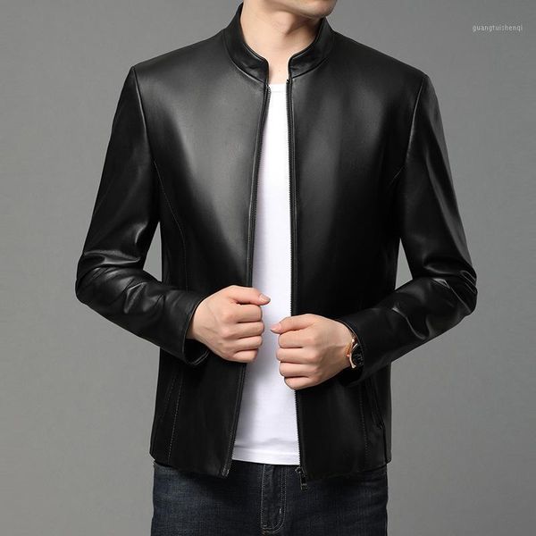 men's leather sheepskin coat spring autumn stand collar jacket business & faux, Black
men's leather sheepskin coat spring autumn stand collar jacket business & faux, Black