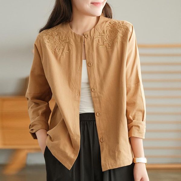 women's jackets johnature women cotton coat o-neck long sleeve embroidery solid color button clothing 2021 autumn vintage loose coats, Black;brown
women's jackets johnature women cotton coat o-neck long sleeve embroidery solid color button clothing 2021 autumn vintage loose coats, Black;brown