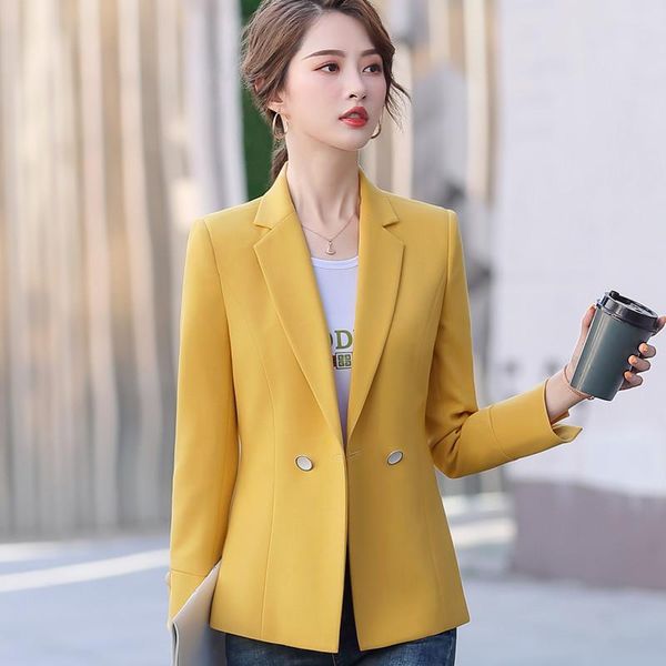 women's suits & blazers yellow blazer women fashion casual spring temperament slim long sleeve jacket office ladies formal work coat, White;black
women's suits & blazers yellow blazer women fashion casual spring temperament slim long sleeve jacket office ladies formal work coat, White;black