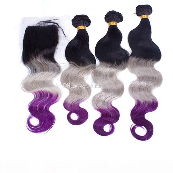 3 tone hair weaves 1b grey purple hair extensions with lace closure ombre body wave hair extensions with lace closure, Black;brown 
3 tone hair weaves 1b grey purple hair extensions with lace closure ombre body wave hair extensions with lace closure, Black;brown