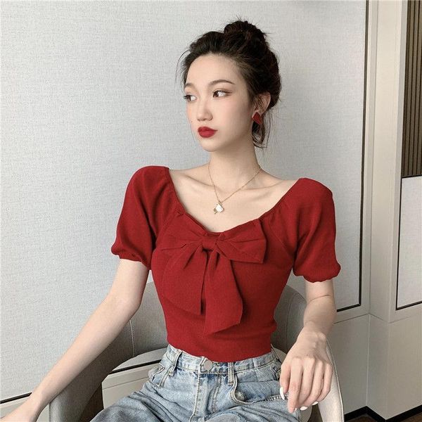 women's t-shirt summer square neck short sleeve thin knitted bottom shirt spring and 2021 slim bow top, White
women's t-shirt summer square neck short sleeve thin knitted bottom shirt spring and 2021 slim bow top, White
