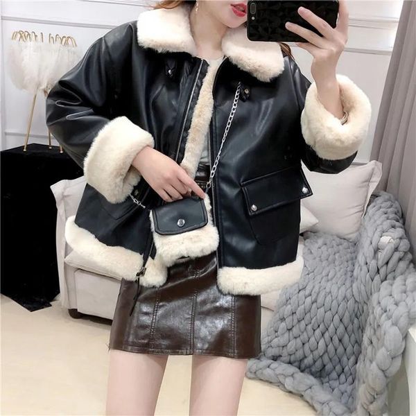 women's leather & faux hstar thick winter warm jacket long fur collar patchwork coat women pu jackets female fashion with bag, Black
women's leather & faux hstar thick winter warm jacket long fur collar patchwork coat women pu jackets female fashion with bag, Black