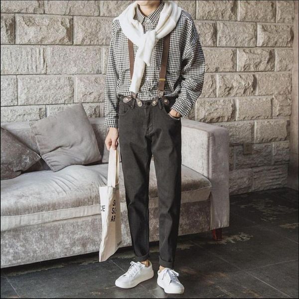 men's pants summer hole loose jeans suspenders men tide slim skinny teenage male solid color bib hairstylist trousers, Black
men's pants summer hole loose jeans suspenders men tide slim skinny teenage male solid color bib hairstylist trousers, Black