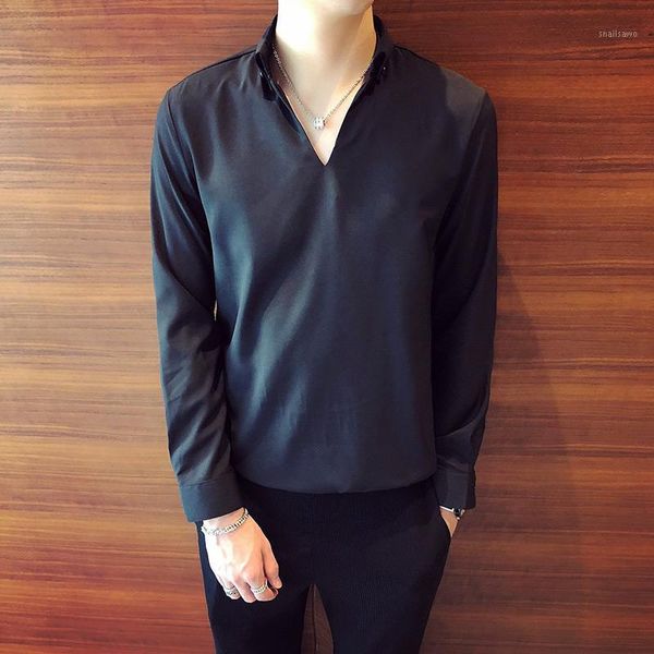 men's casual shirts solid color pullover shirt for men 2021 summer v-neck long sleeve business slim social office chemise homme, White;black
men's casual shirts solid color pullover shirt for men 2021 summer v-neck long sleeve business slim social office chemise homme, White;black