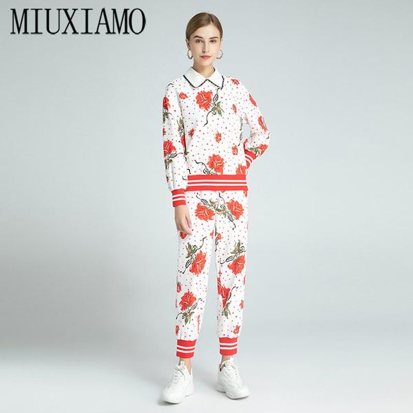 women's two piece pants miuximao 2021 autumn red flower set fashion long sleeve slim trousers office lady suit women, White
women's two piece pants miuximao 2021 autumn red flower set fashion long sleeve slim trousers office lady suit women, White