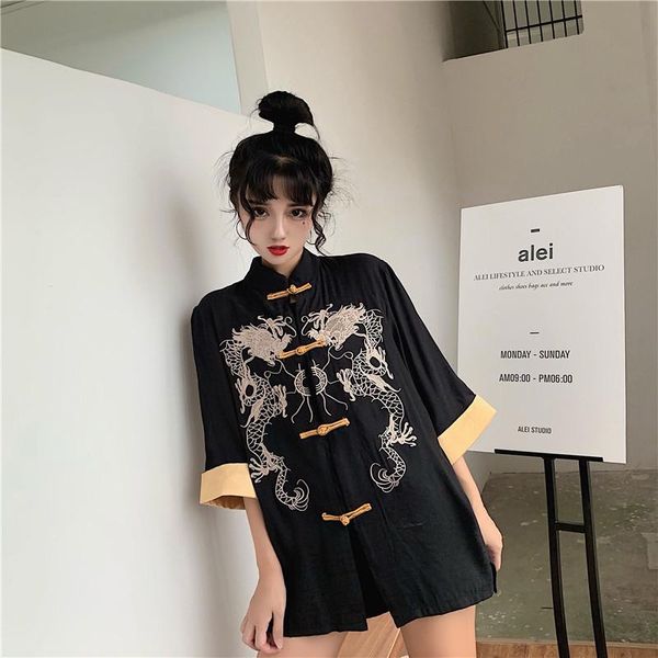 women's blouses & shirts gothic hip hop cheongsam embroidery dragon button high neck blouse streetwear oversized woman man shirt haraju, White
women's blouses & shirts gothic hip hop cheongsam embroidery dragon button high neck blouse streetwear oversized woman man shirt haraju, White