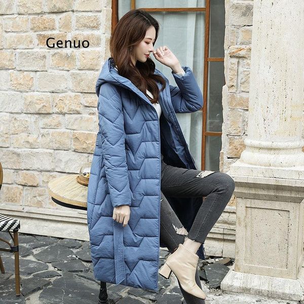 women's down & parkas winter hooded long women jacket slim warm casual elegant office ladies thicken basic belt zipper coats, Black