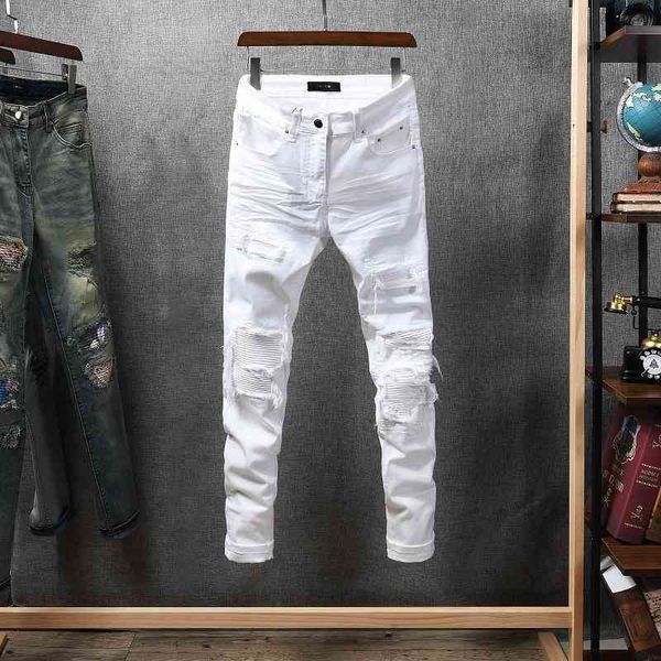 casual 592 am high street slim fit trendy men's jeans with hole patch brand leggings straight pants, Blue
casual 592 am high street slim fit trendy men's jeans with hole patch brand leggings straight pants, Blue