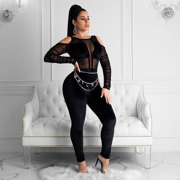 women's jumpsuits & rompers women mesh patchwork gold velvet jumpsuit long sleeve off-shoulder skinny plus size bodycon overalls, Black;white 
women's jumpsuits & rompers women mesh patchwork gold velvet jumpsuit long sleeve off-shoulder skinny plus size bodycon overalls, Black;white